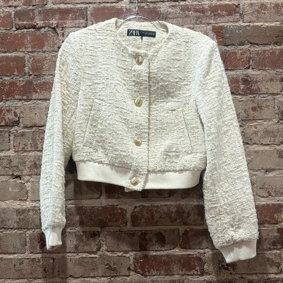 Zara Weave Bomber Jacket in Cream Size Small - Picture 7 of 11